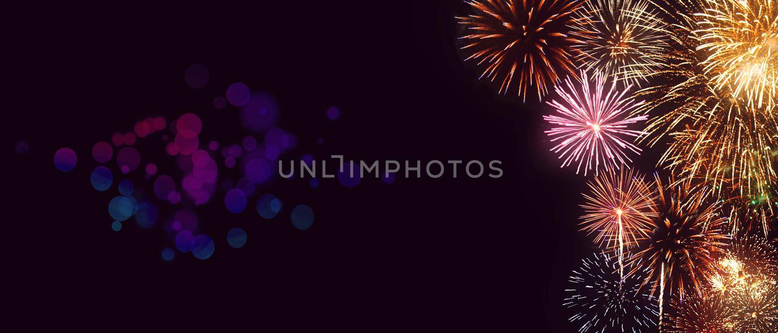 Colorful firework with bokeh background. New Year celebration, Abstract holiday background