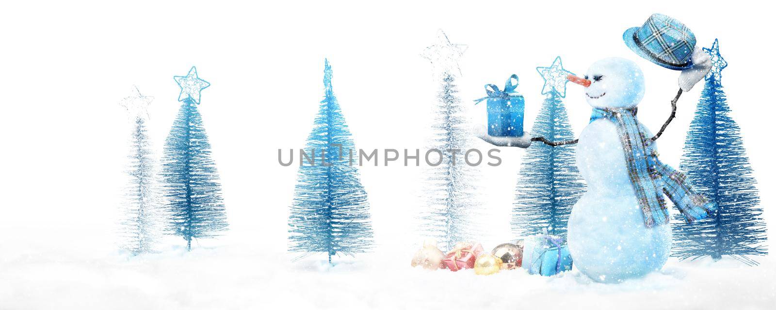 Happy snowman standing in winter christmas landscape.
