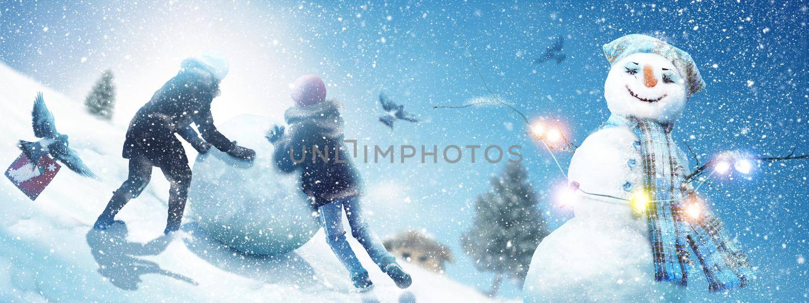 Happy snowman standing in winter christmas landscape.