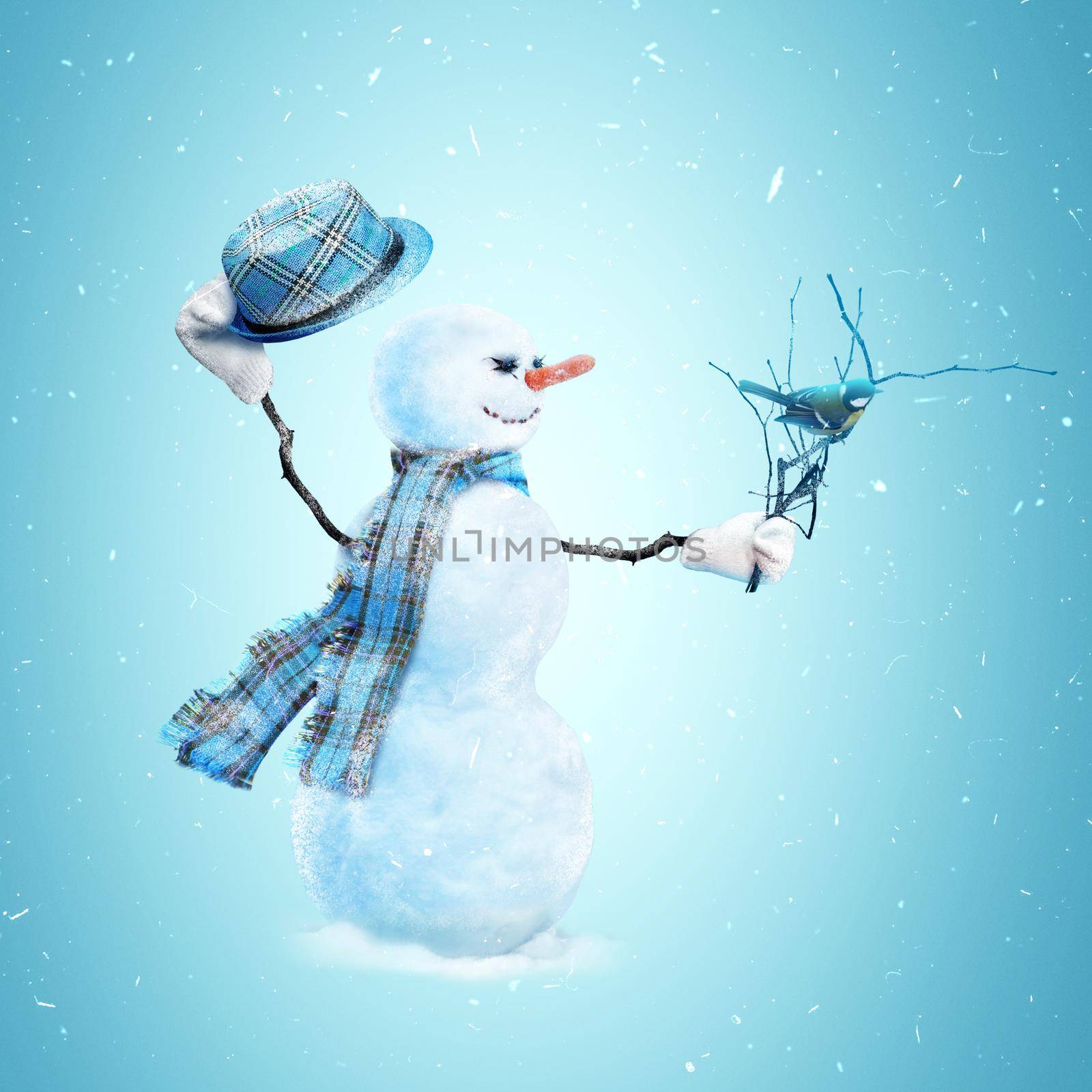 Happy snowman standing in winter christmas landscape.