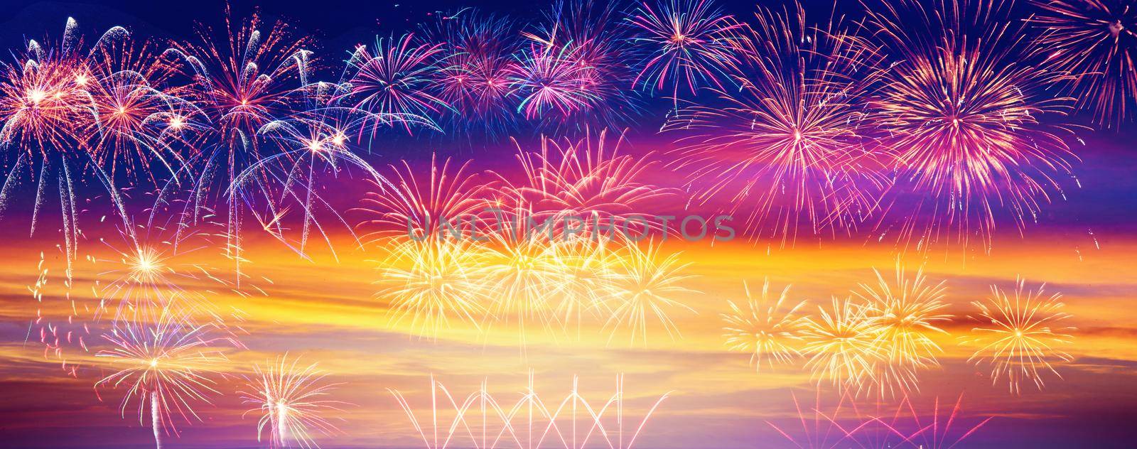 Colorful firework with bokeh background. New Year celebration, Abstract holiday background