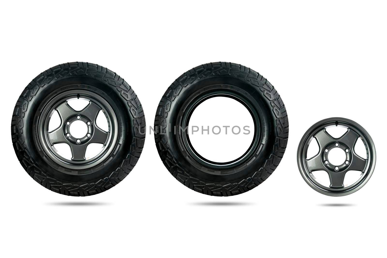 Group of car tire designed for use in all road conditions with alloy wheel isolated on white background. by wattanaphob