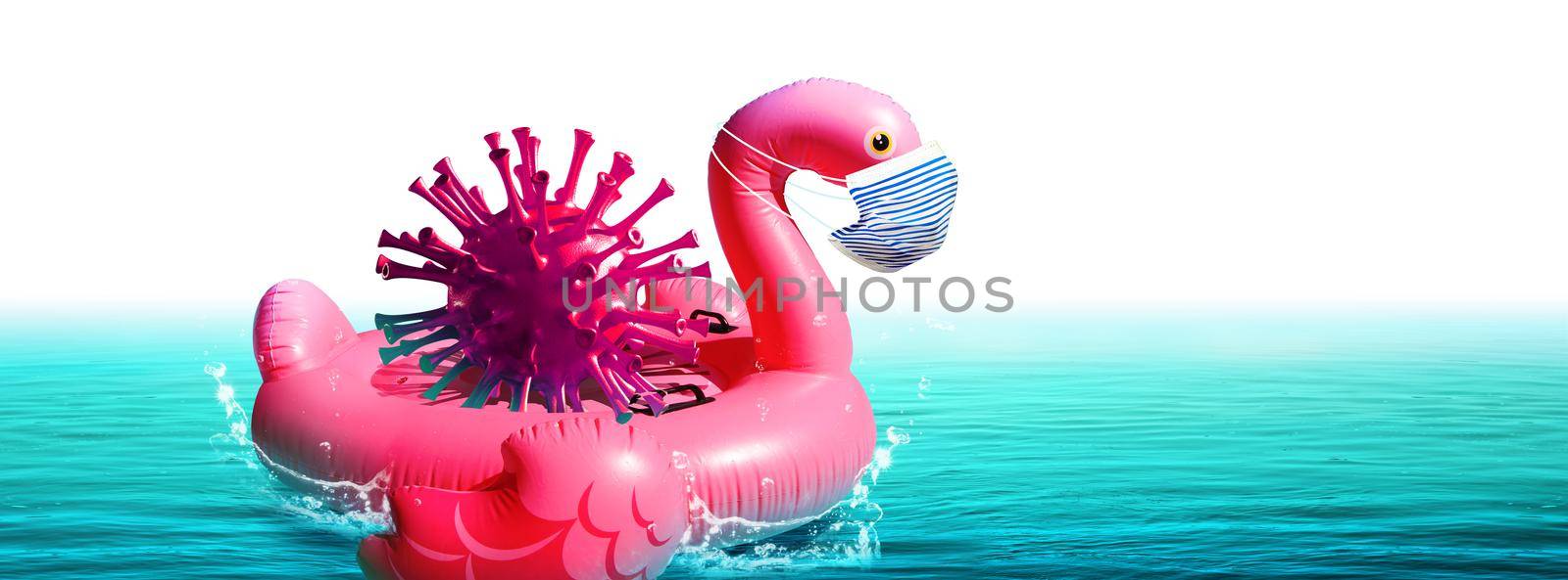 Inflatable swan with corona virus mask on vacation by Taut