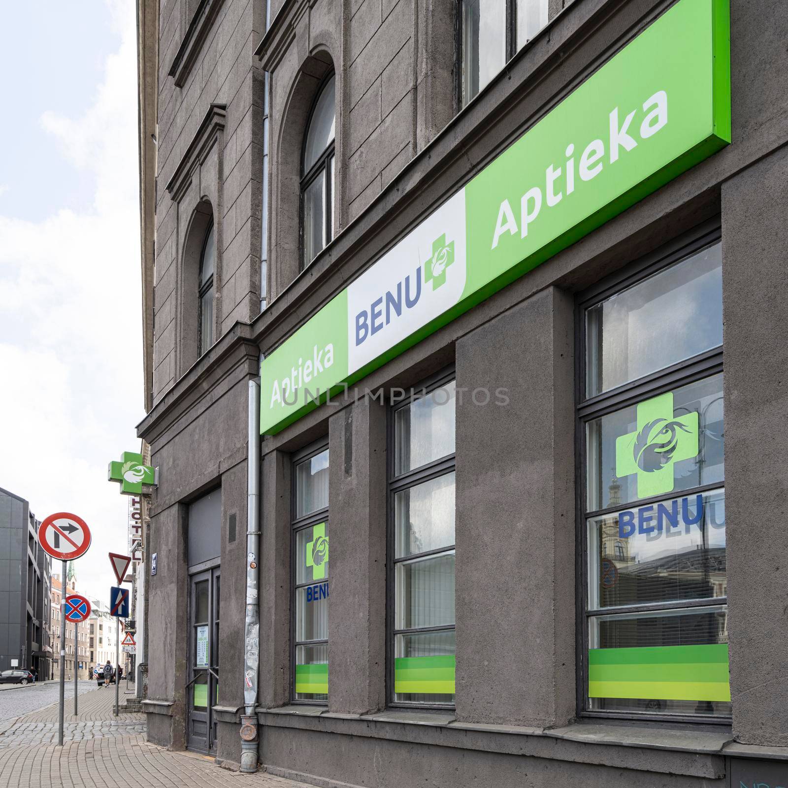 Riga, Latvia. August 2021.  exterior view of a pharmacy in the city center
