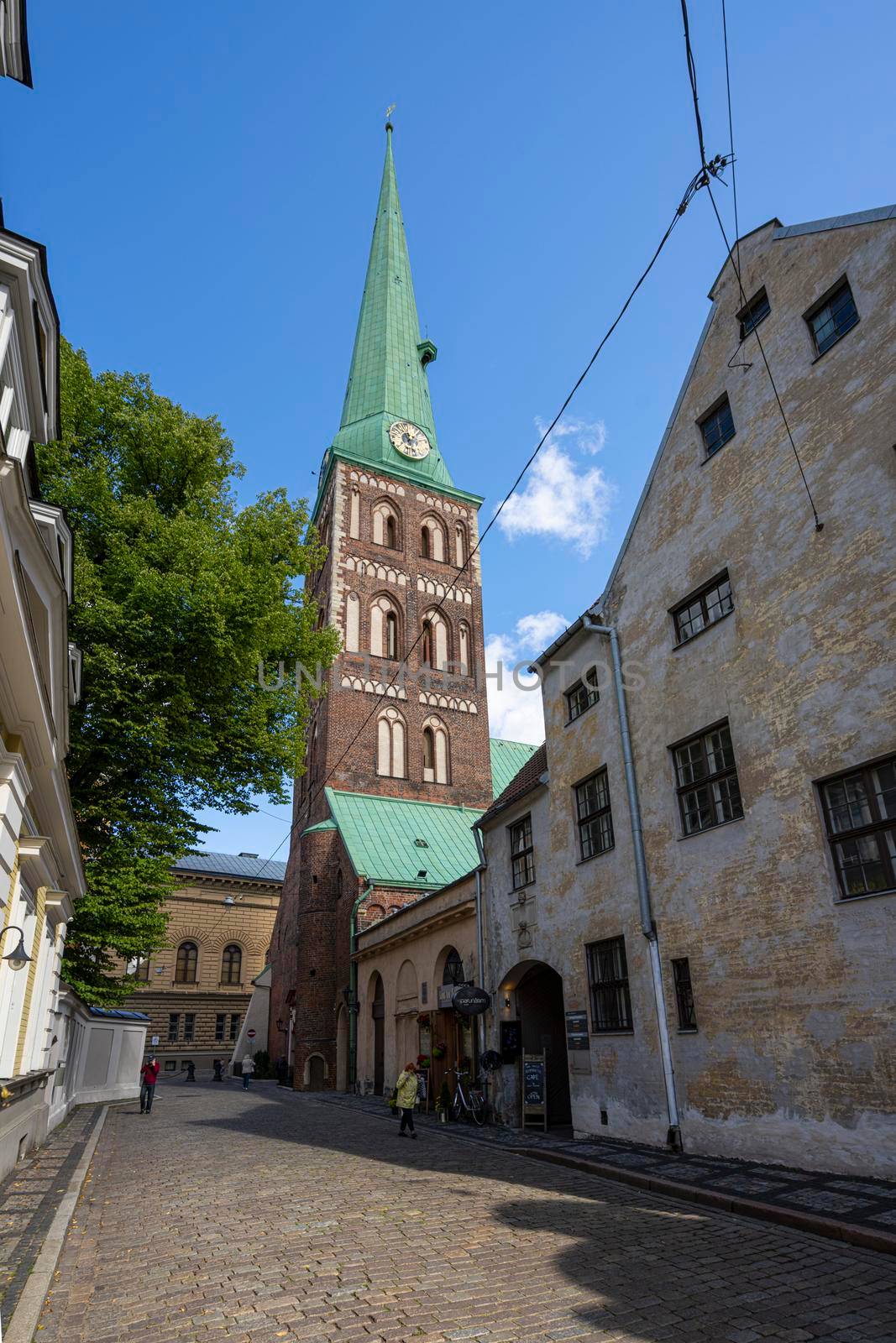 Riga, Latvia. August 2021.  the bell tower of the St. Jacob Catholic Cathedral in the city center