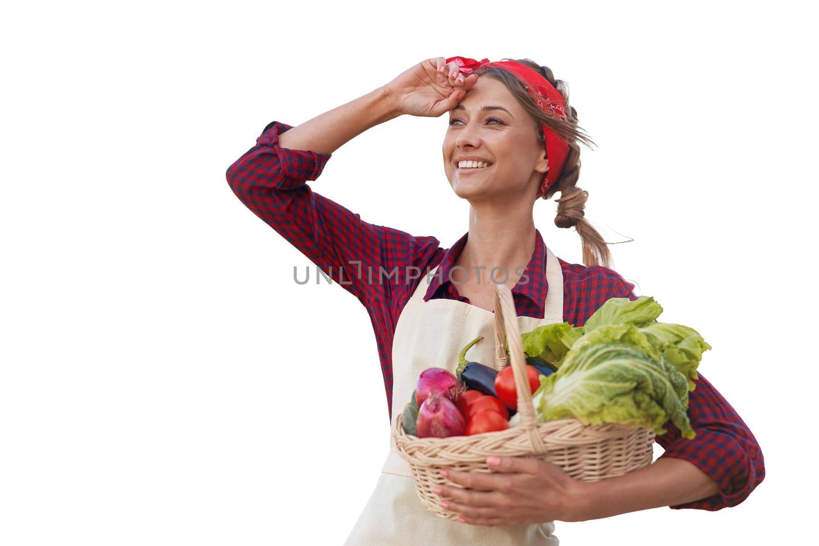 Woman dressed apron white background Farmer vegetables basket Agricultural concept Caucasian middle age Female business owner in uniform Happy one person smiling Time to advertise Banner Thumb up