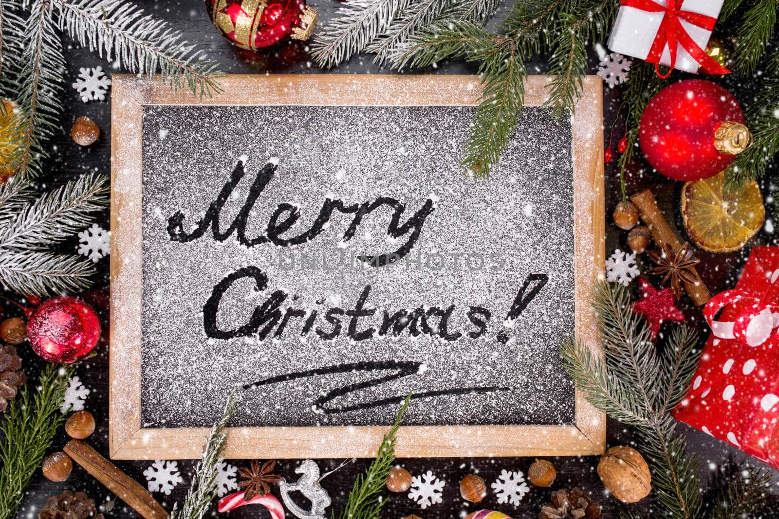 Vintage wooden Blackboard. Merry Christmas holiday concept.