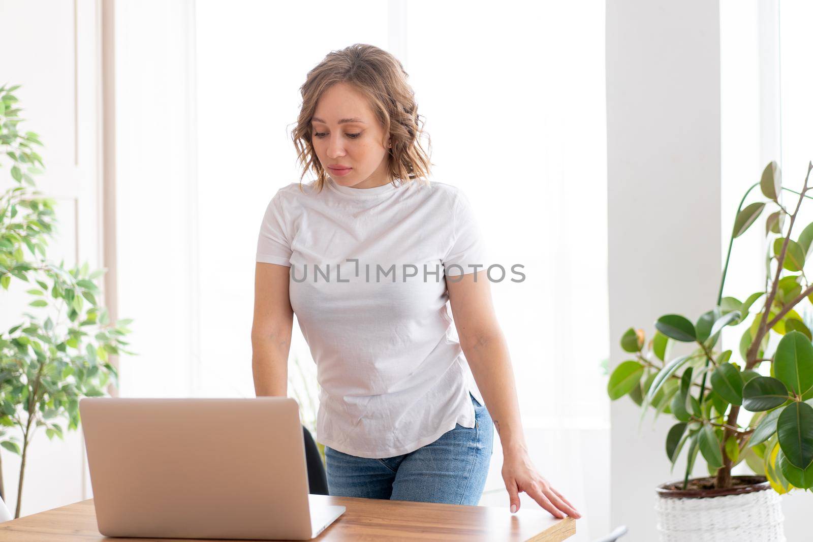 Business woman using laptop standing near desk white office interior with houseplant looking device screen Business people Business person Online, Young and successful Dresed white shirt and jeans