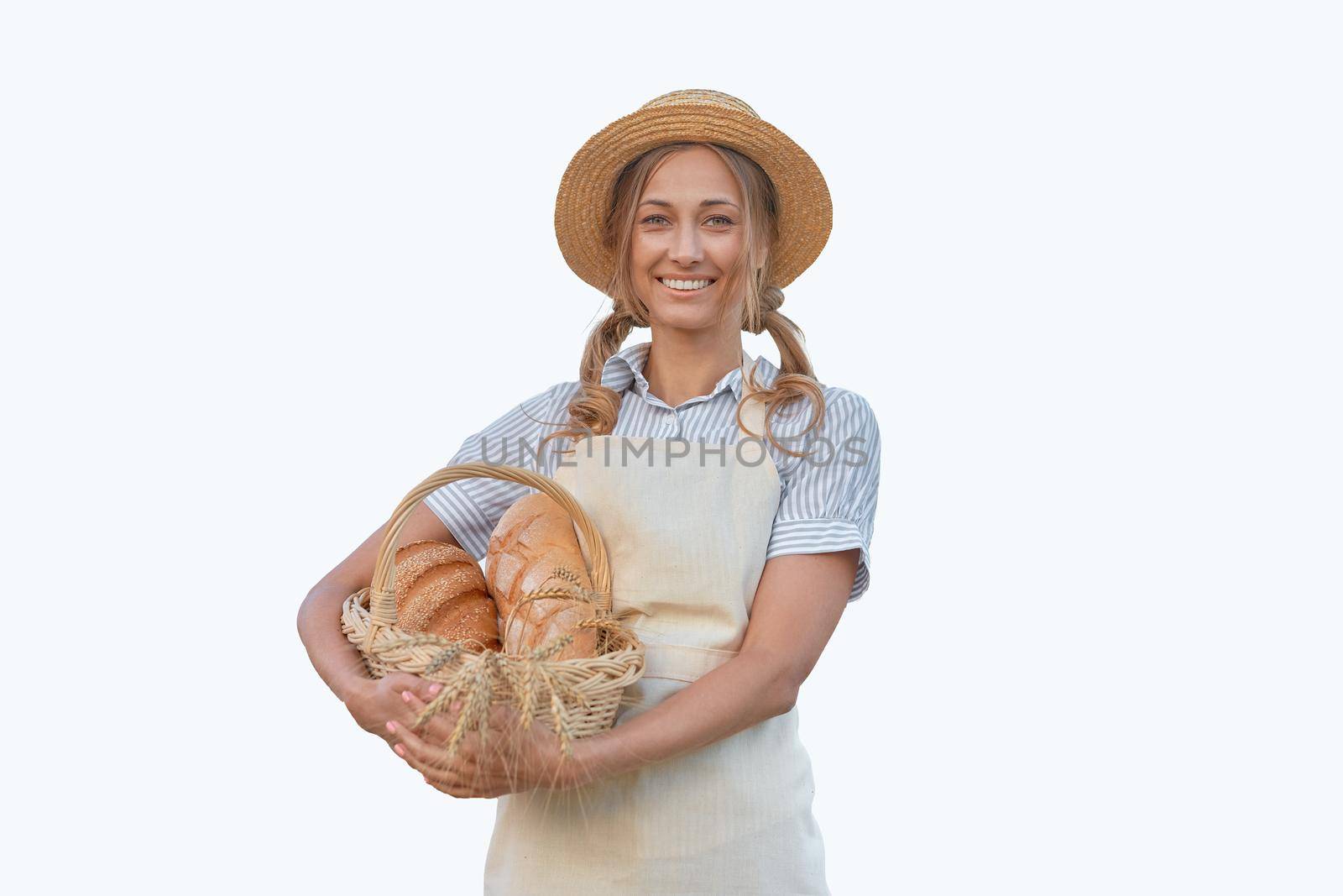 Woman dressed apron white background Farmer bread basket Agricultural concept Caucasian middle age Female business owner in uniform Happy one person smiling Time to advertise Banner Thumb up