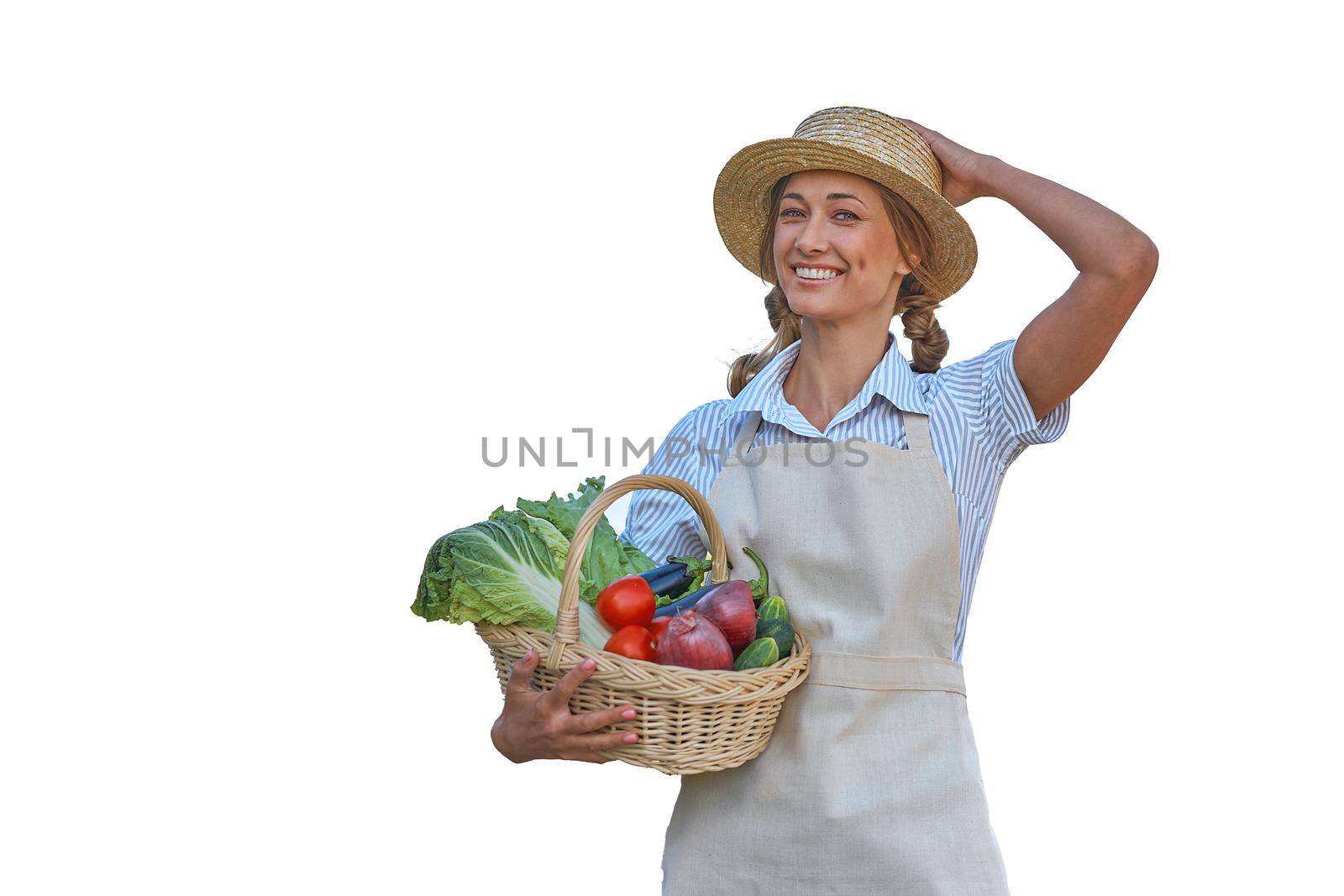 Woman dressed apron white background Farmer vegetables basket Agricultural concept Caucasian middle age Female business owner in uniform Happy one person smiling Time to advertise Banner
