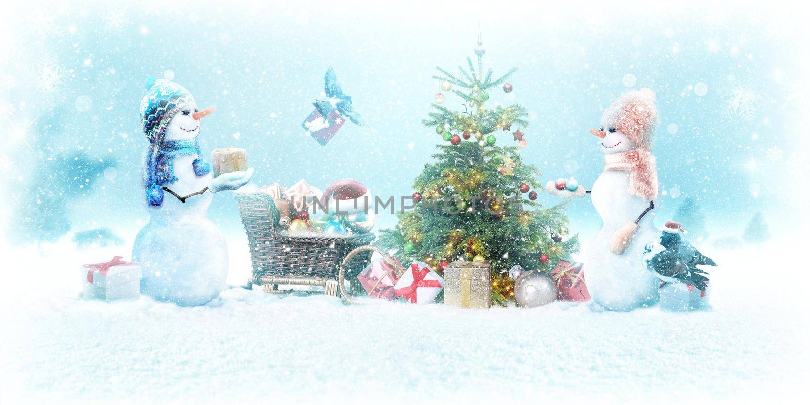 Happy snowman standing in winter christmas landscape.