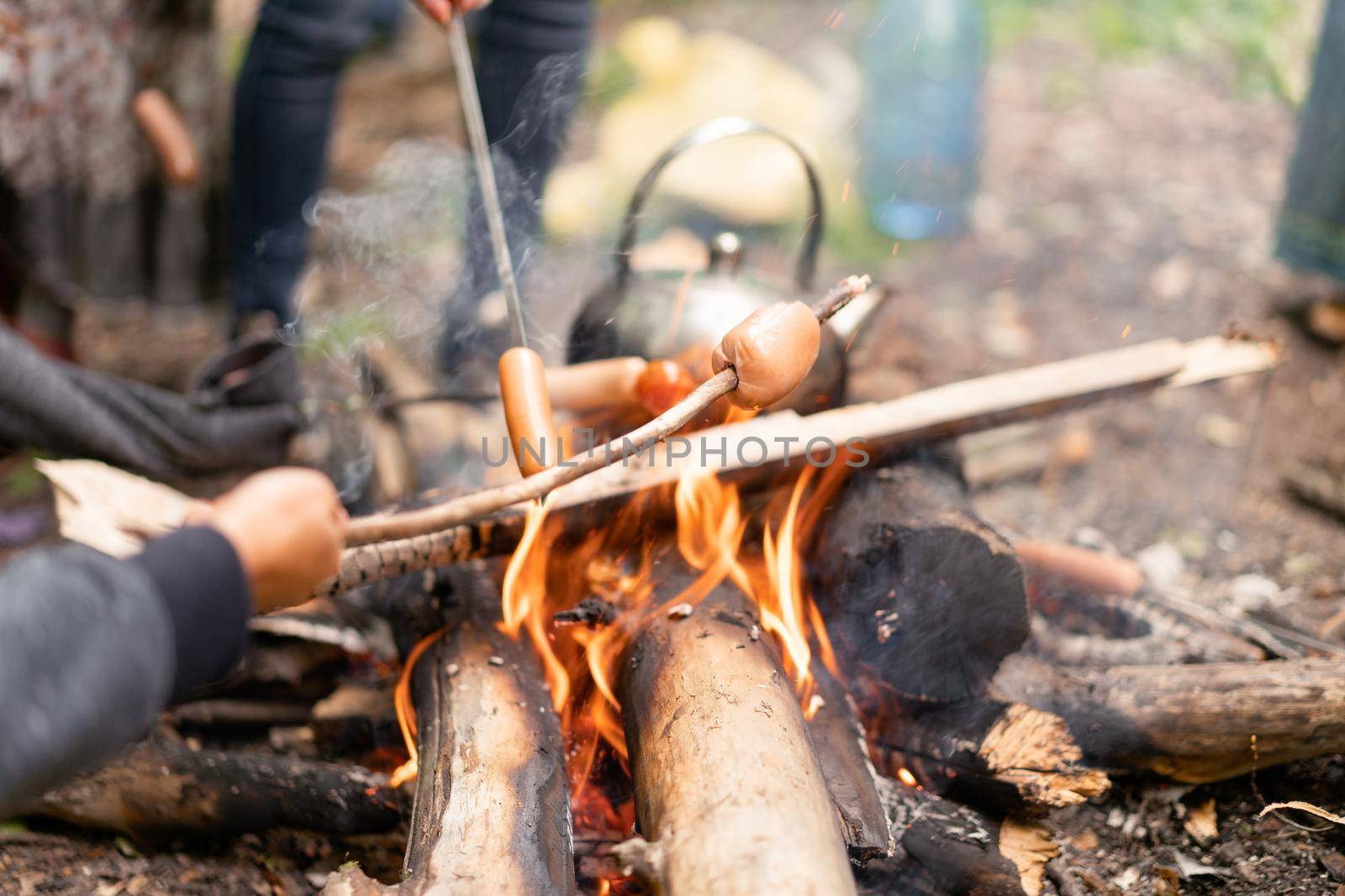 Teapot Sauasge Grilled Campfire On Nature Picnic Bonfire Preparing Food Forest Hiking