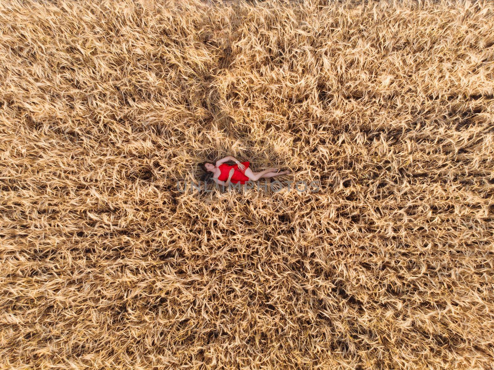 Aerial view of woman in red dress lying in the yellow field of wheat