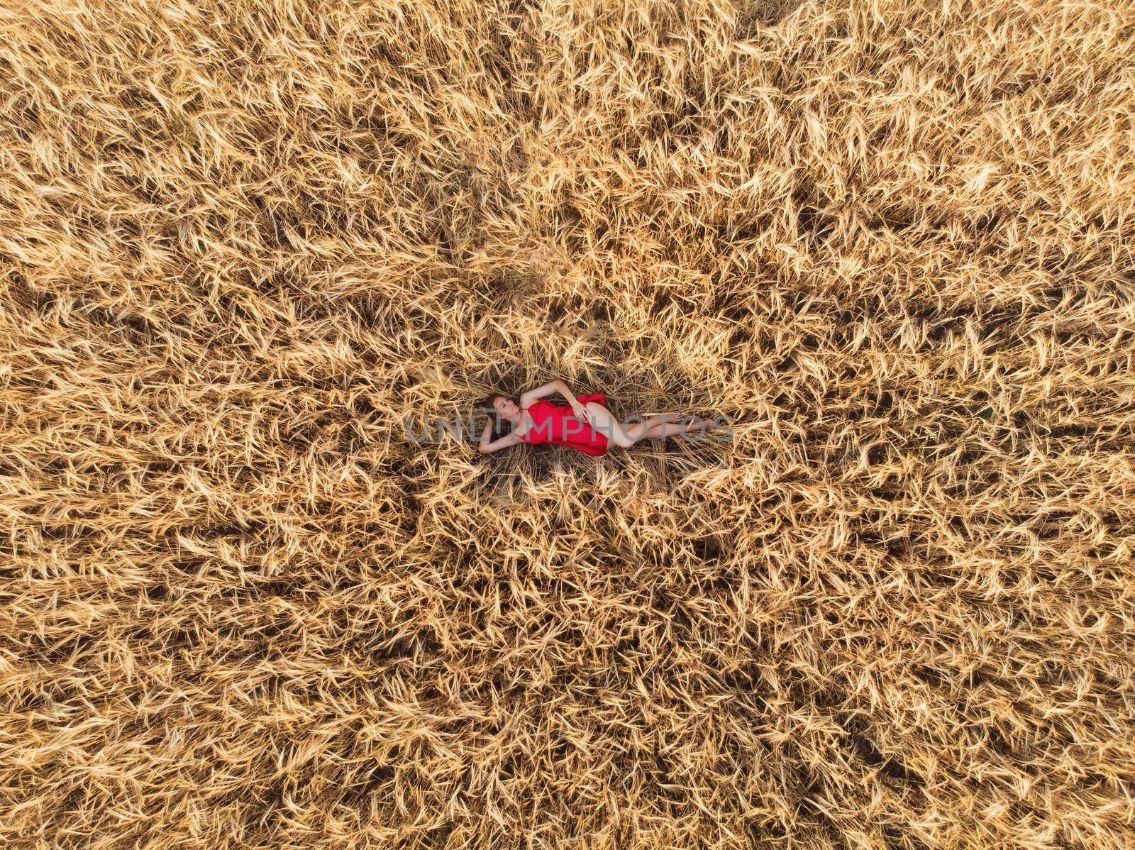 Aerial view of woman in red dress lying in the yellow field of wheat