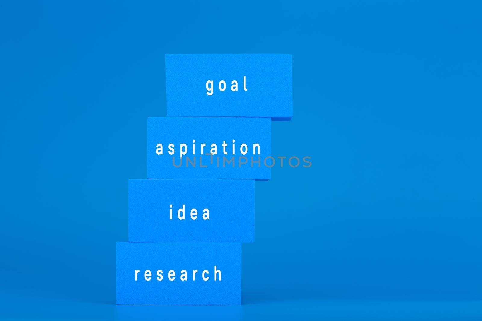 Modern trendy business development or scoring a goal concept. Monochromatic composition with ladder made of blue with written words against blue background 