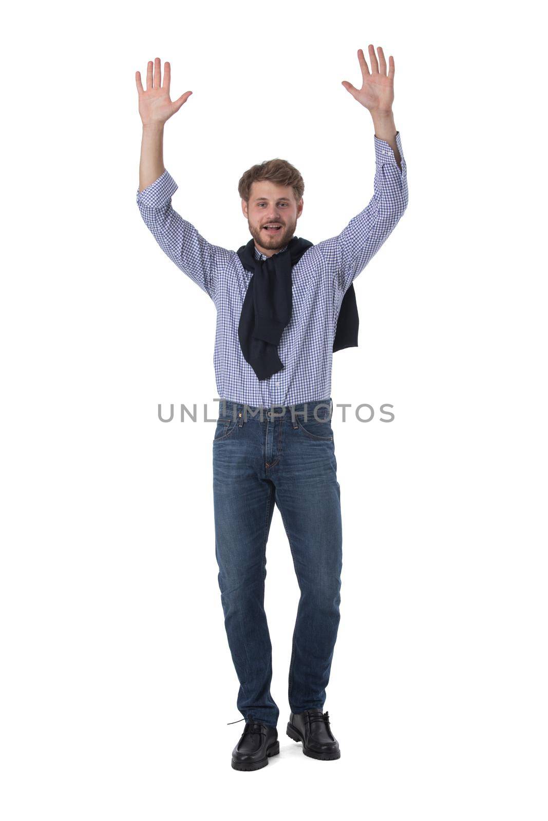 Young man with arms raised isolated on white background