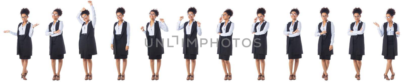 Set of full length portraits of smiling african girl business woman in glasses isolated on white background