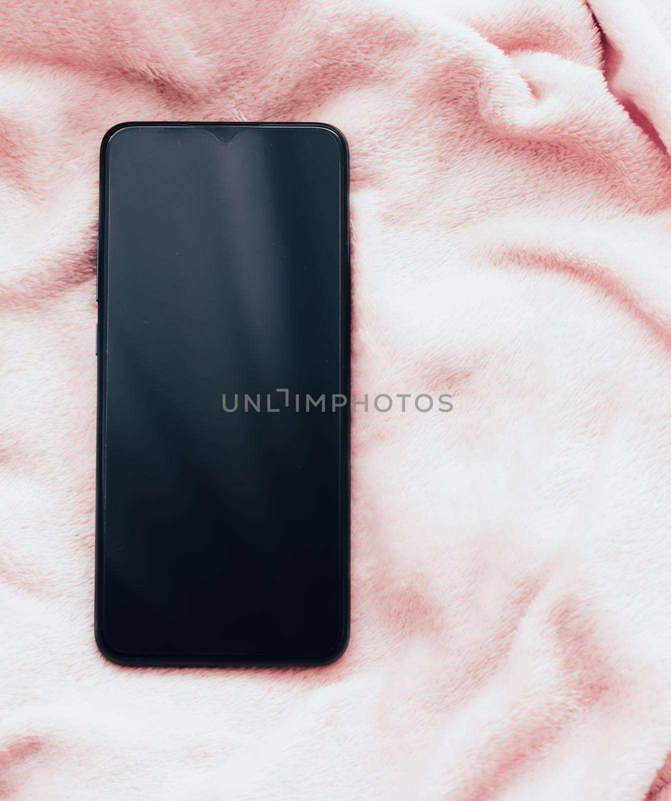 New mobile phone model on soft pink fabric background, smartphone flatlay mockup as app template and brand marketing design by Anneleven