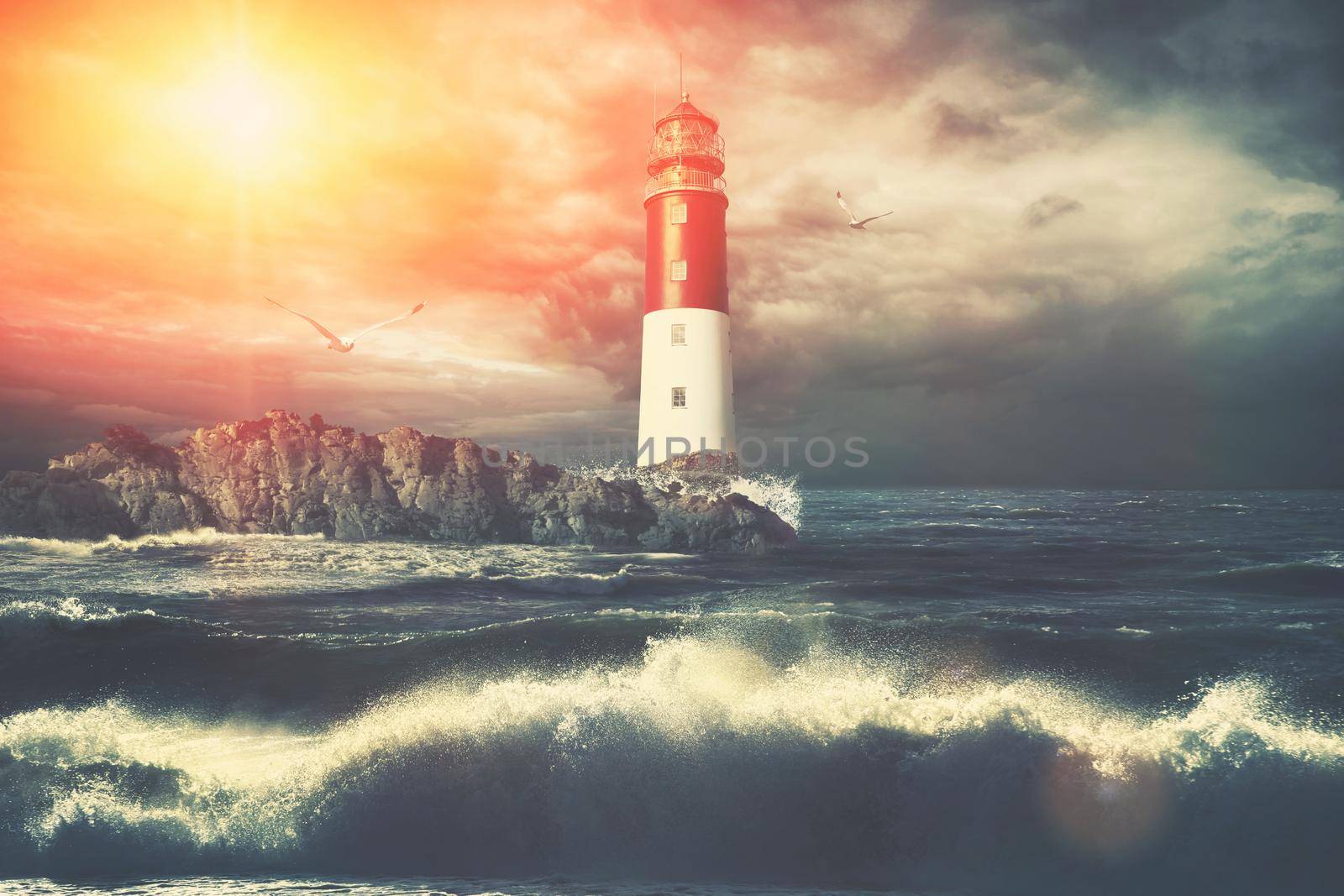 Beautiful summer seascape with lighthouse and sky