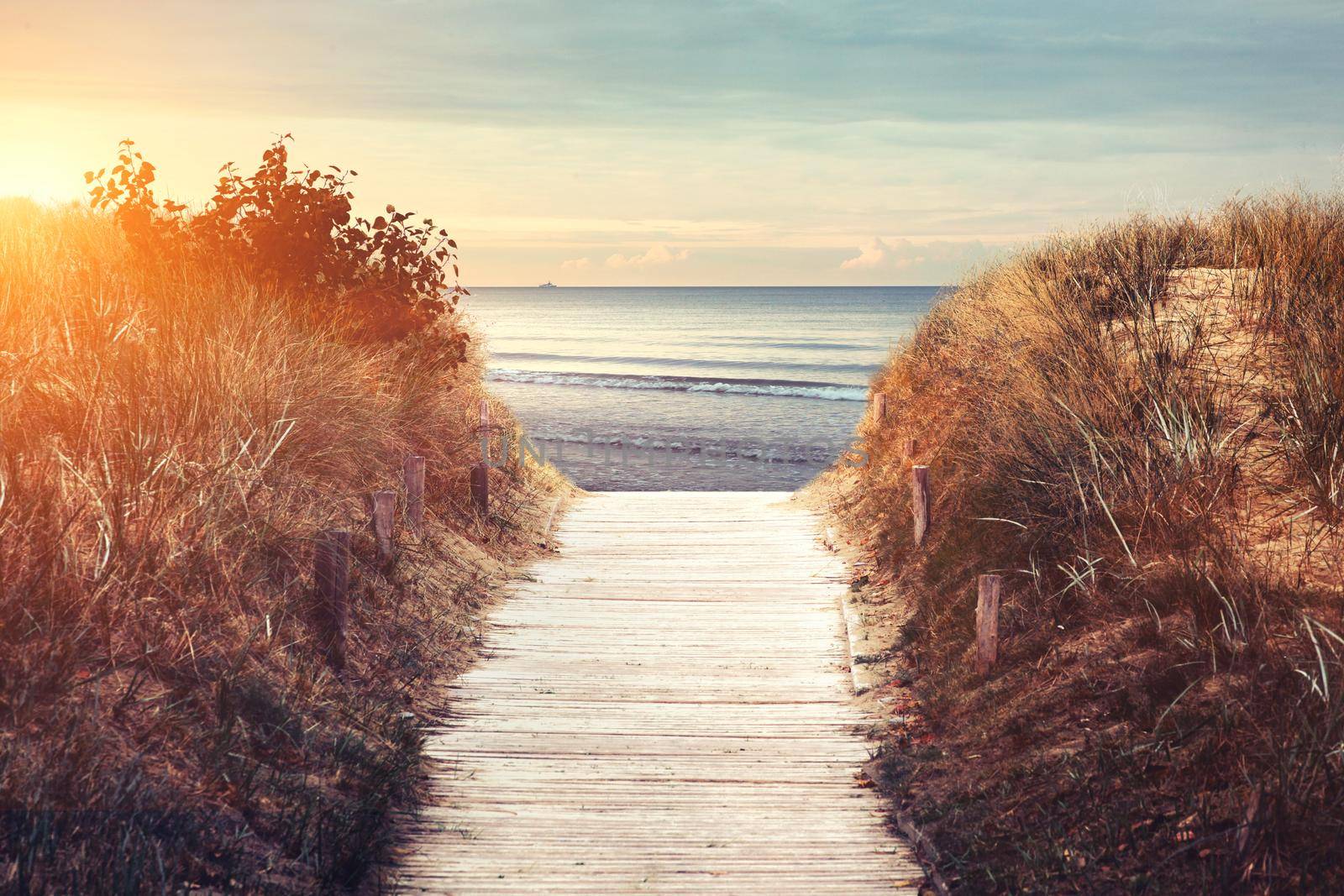 Baltic sea beach with dunes and ocean view. Holiday background.