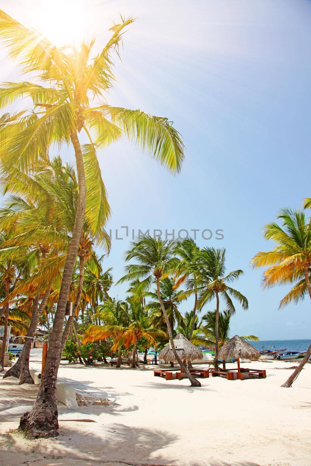 Beach with white sand, sun and quiet ocean. Tropical banner. by Taut