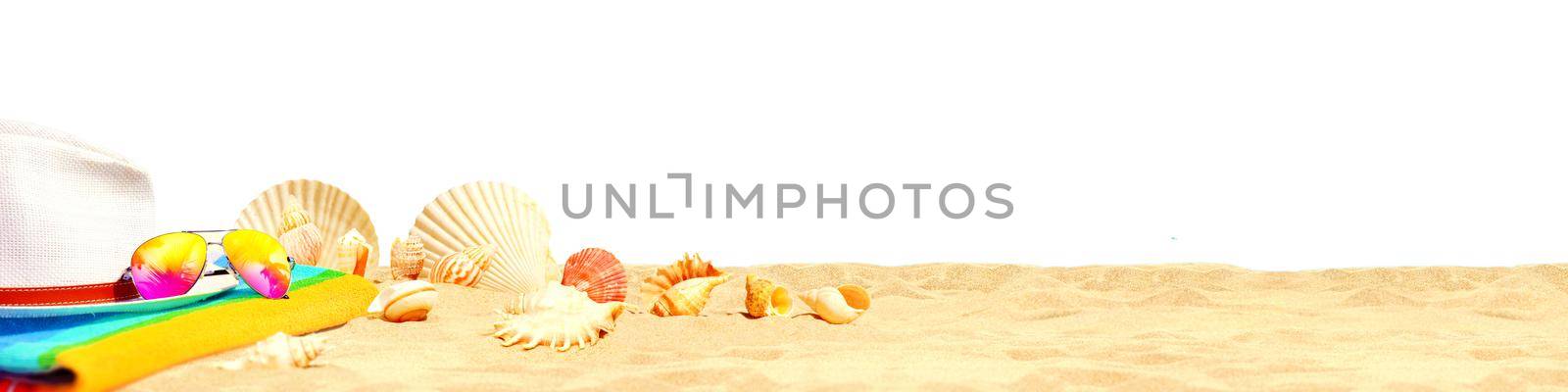 Summer tropical beach background with sunglasses and hat. by Taut