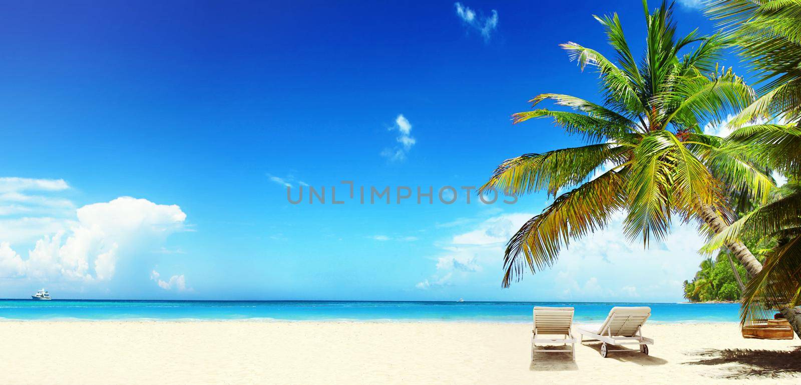 Wooden deck chairs on sandy beach near sea. Holiday background.