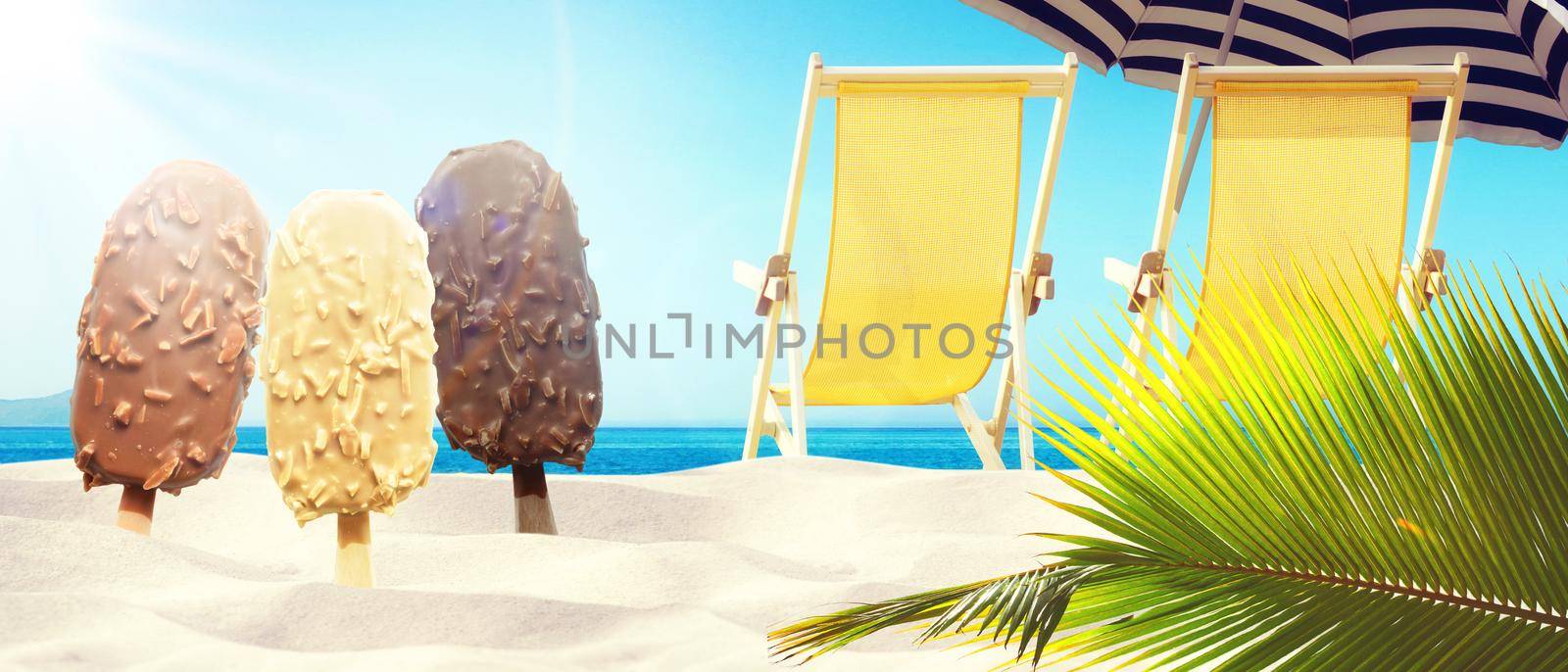 Delicious ice cream on the beach. Healthy summer food concept. by Taut