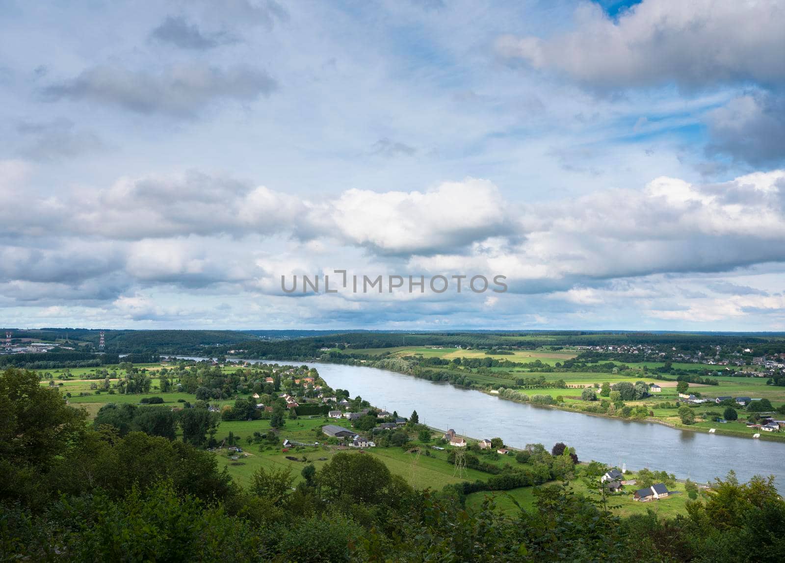countryside landscape with river seine in france between rouen and le havre in regional park boucles de la seine