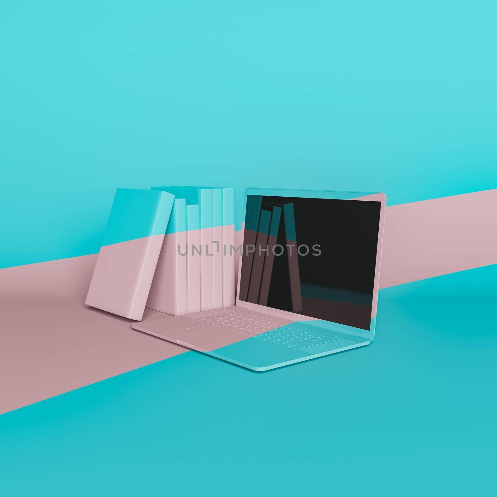 laptop with books next to it and a pastel pink band running through them. minimal concept of online education, learning, reading and online library. 3d rendering