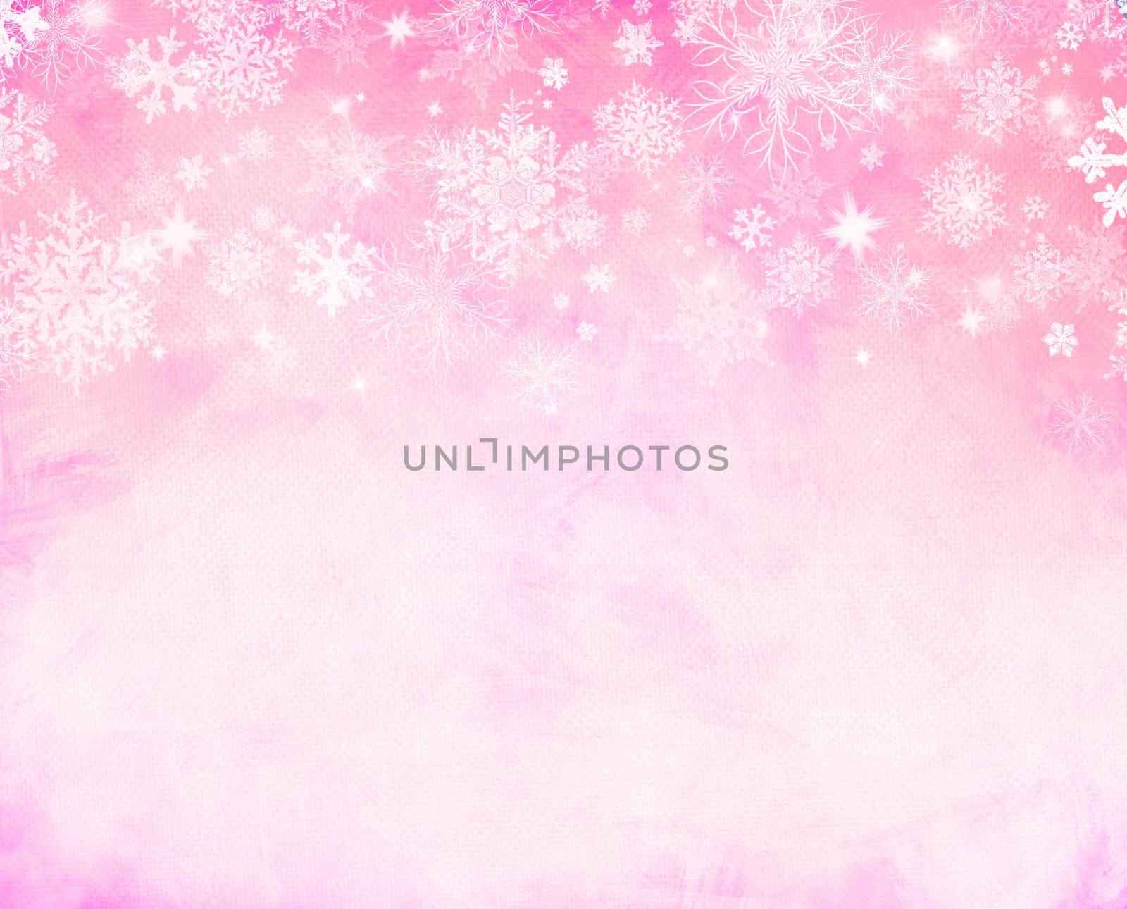 Abstract pink winter background. Christmas design with elegant snowflakes and glitter.