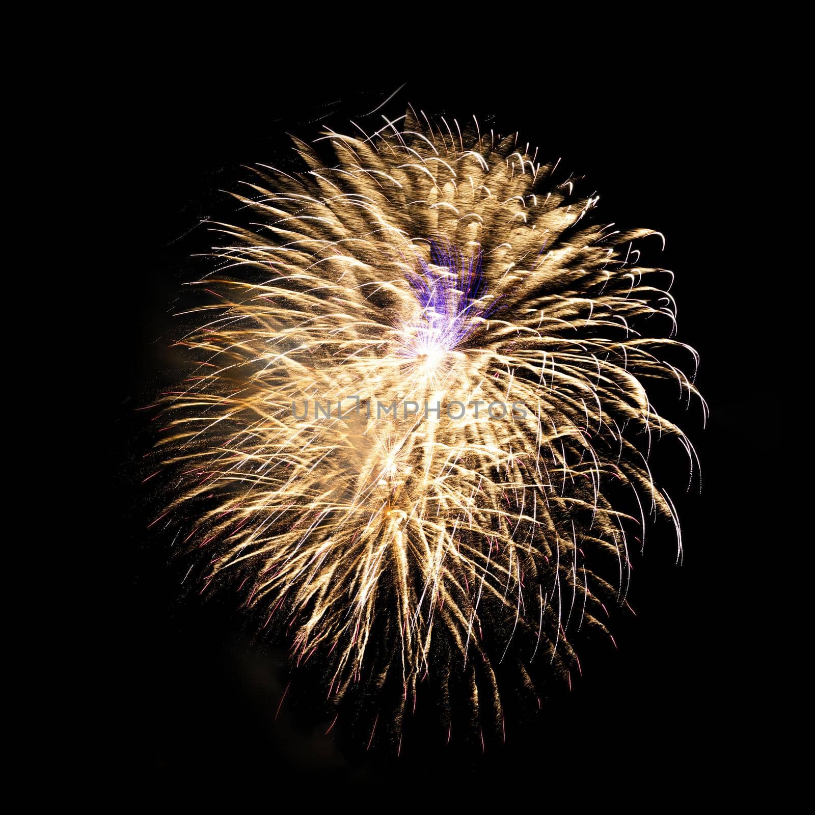 Colorful celebration fireworks isolated on a black sky background.