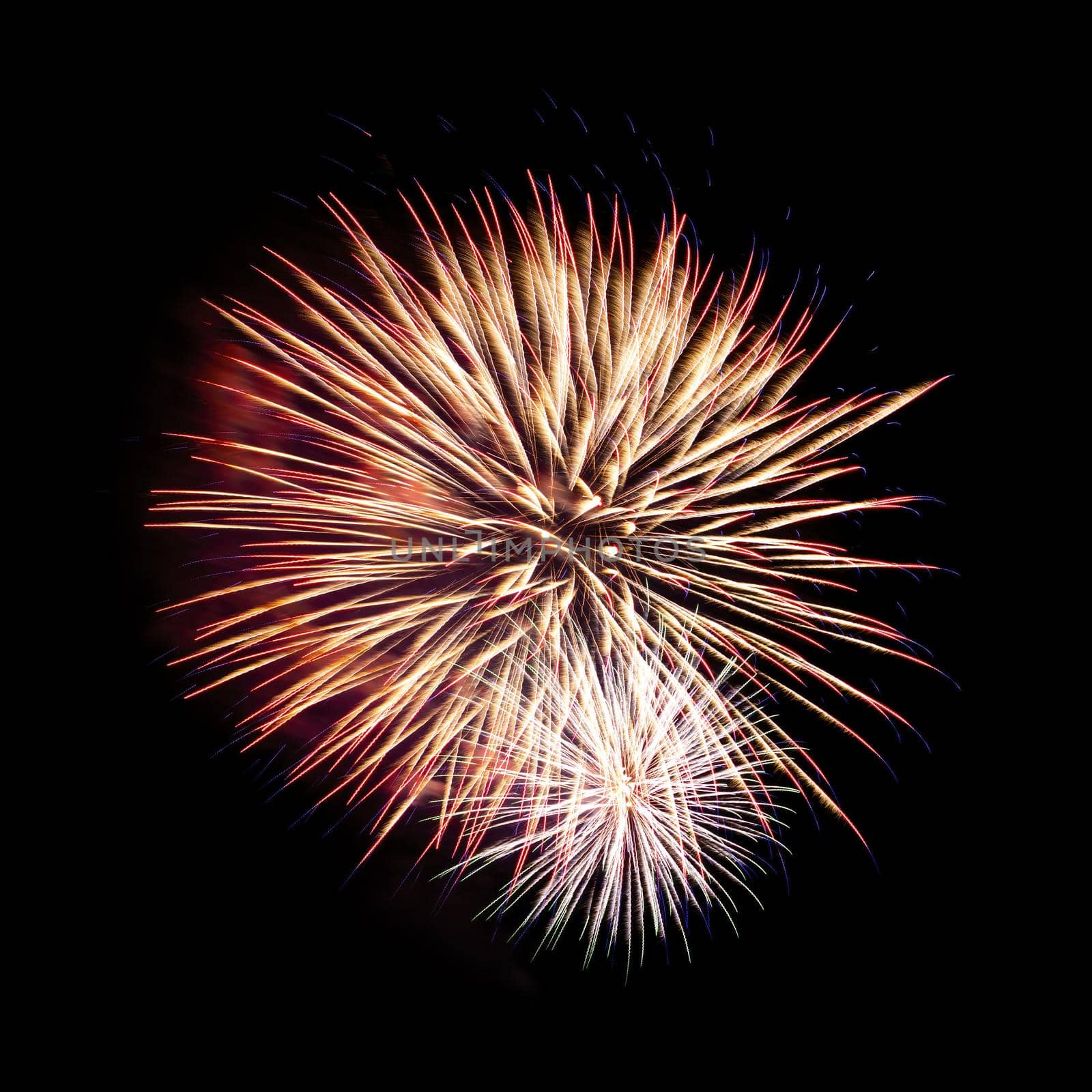 Colorful celebration fireworks isolated on a black sky background.