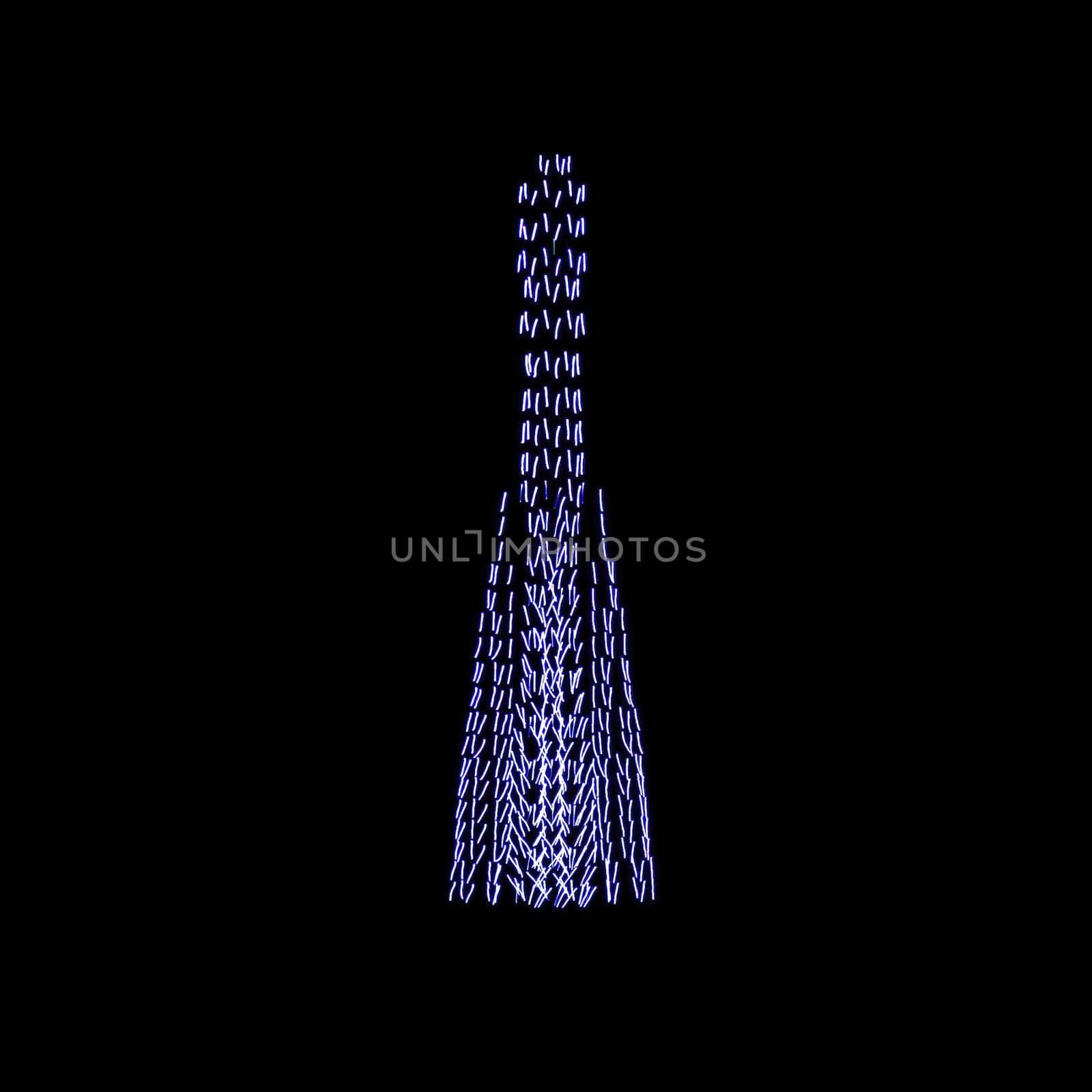 Colorful drone light shows on black night sky background. The figure of a rocket made of glowing drones.