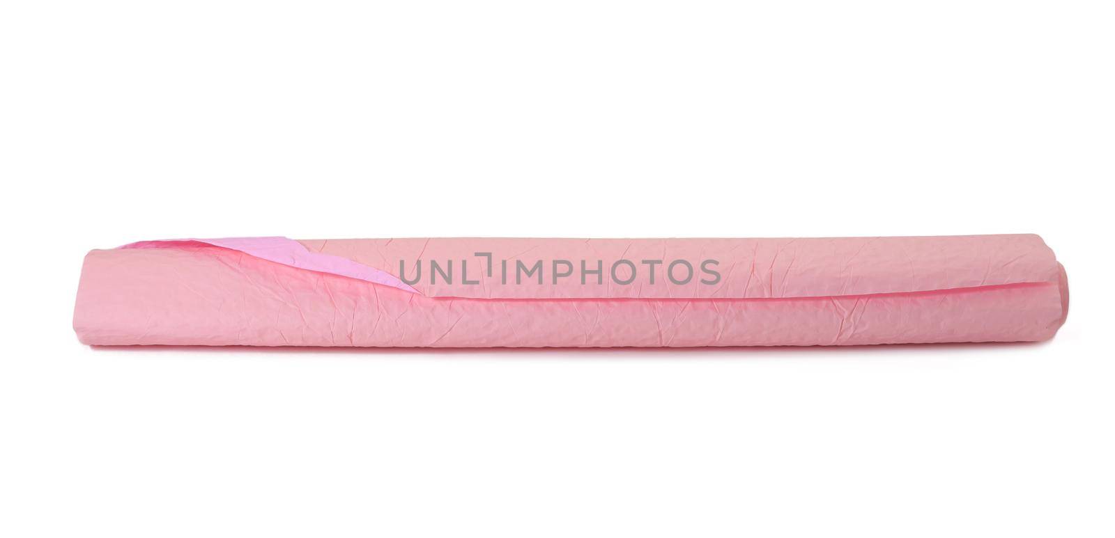 roll of pink crumpled paper for gift wrapping isolated on white background