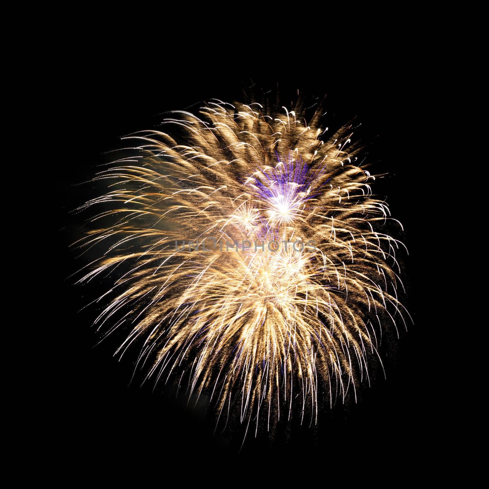 Colorful celebration fireworks isolated on a black sky background.