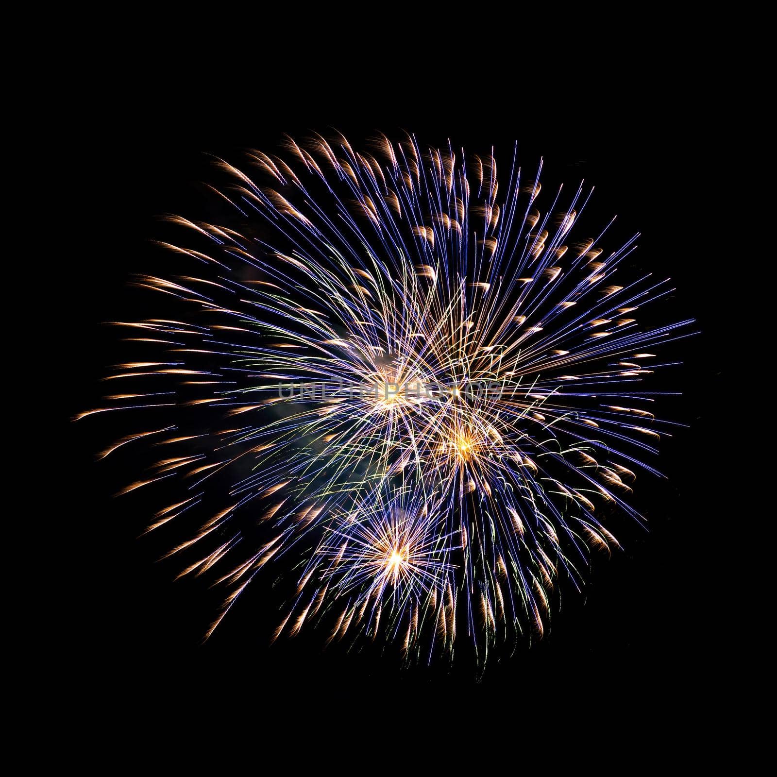 Colorful celebration fireworks isolated on black sky background. by Eugene_Yemelyanov