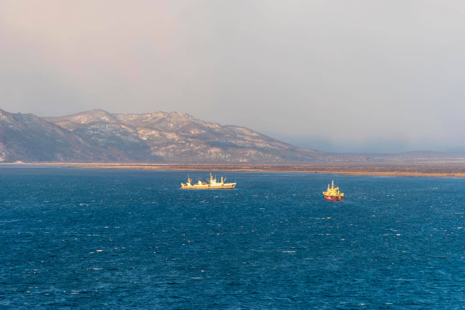 Seascape with ships in Avacha Bay, Kamchatka.