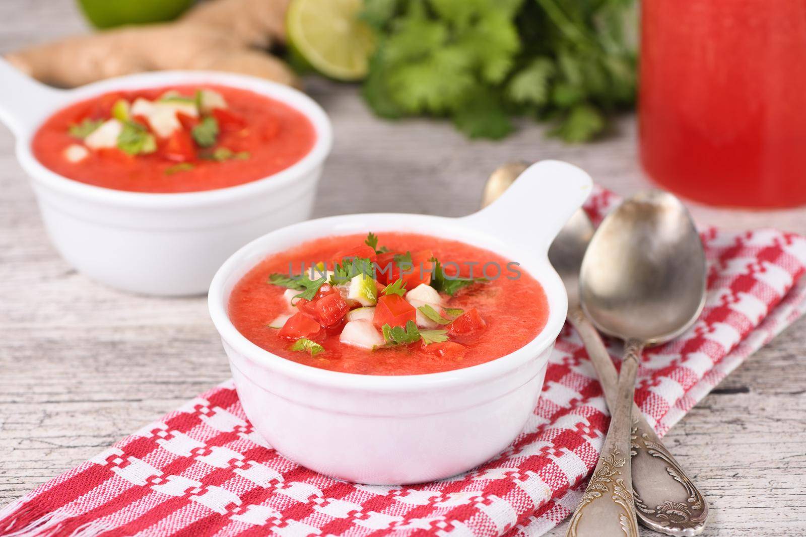 Watermelon tomato gazpacho in bowls by Apolonia