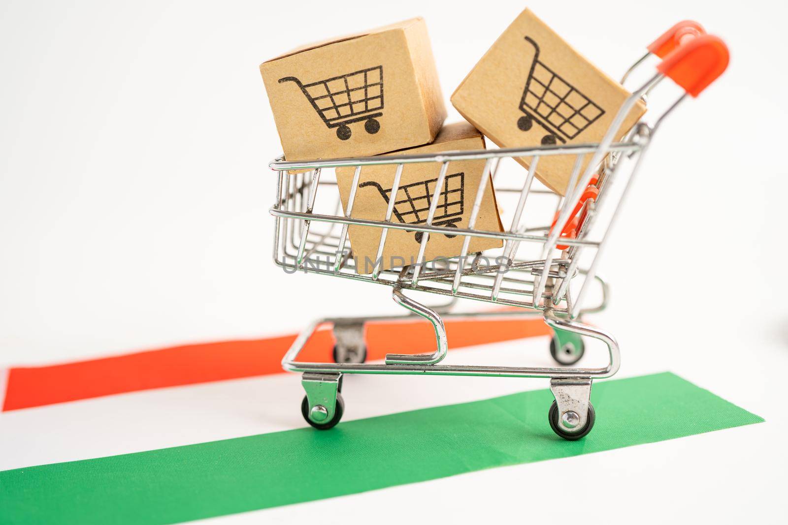 Box with shopping cart logo and Hungary flag, Import Export Shopping online or eCommerce finance delivery service store product shipping, trade, supplier concept.