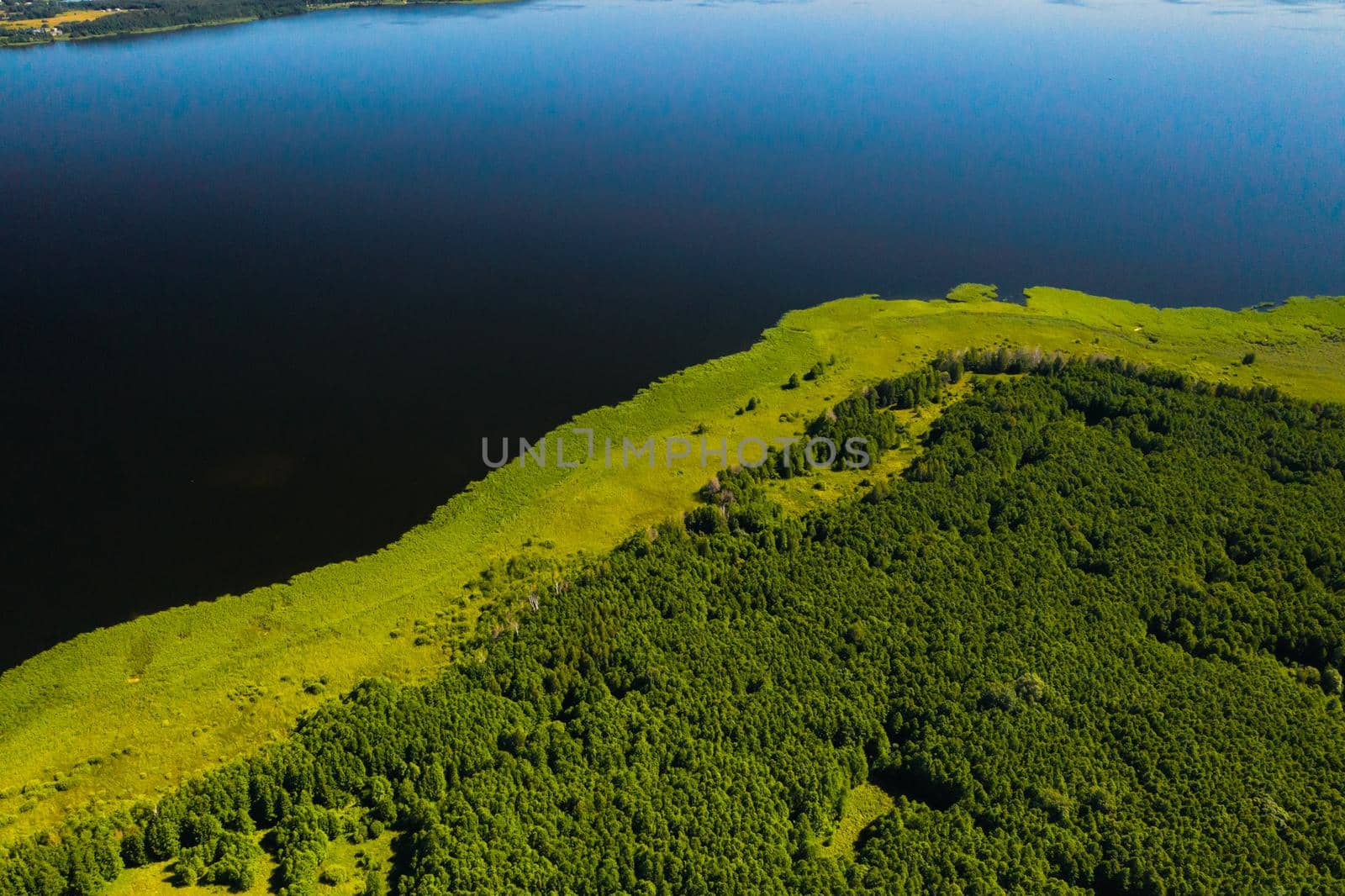 Top view of lake Drivyaty in the Braslav lakes National Park, the most beautiful lakes in Belarus.An island in the lake.Belarus