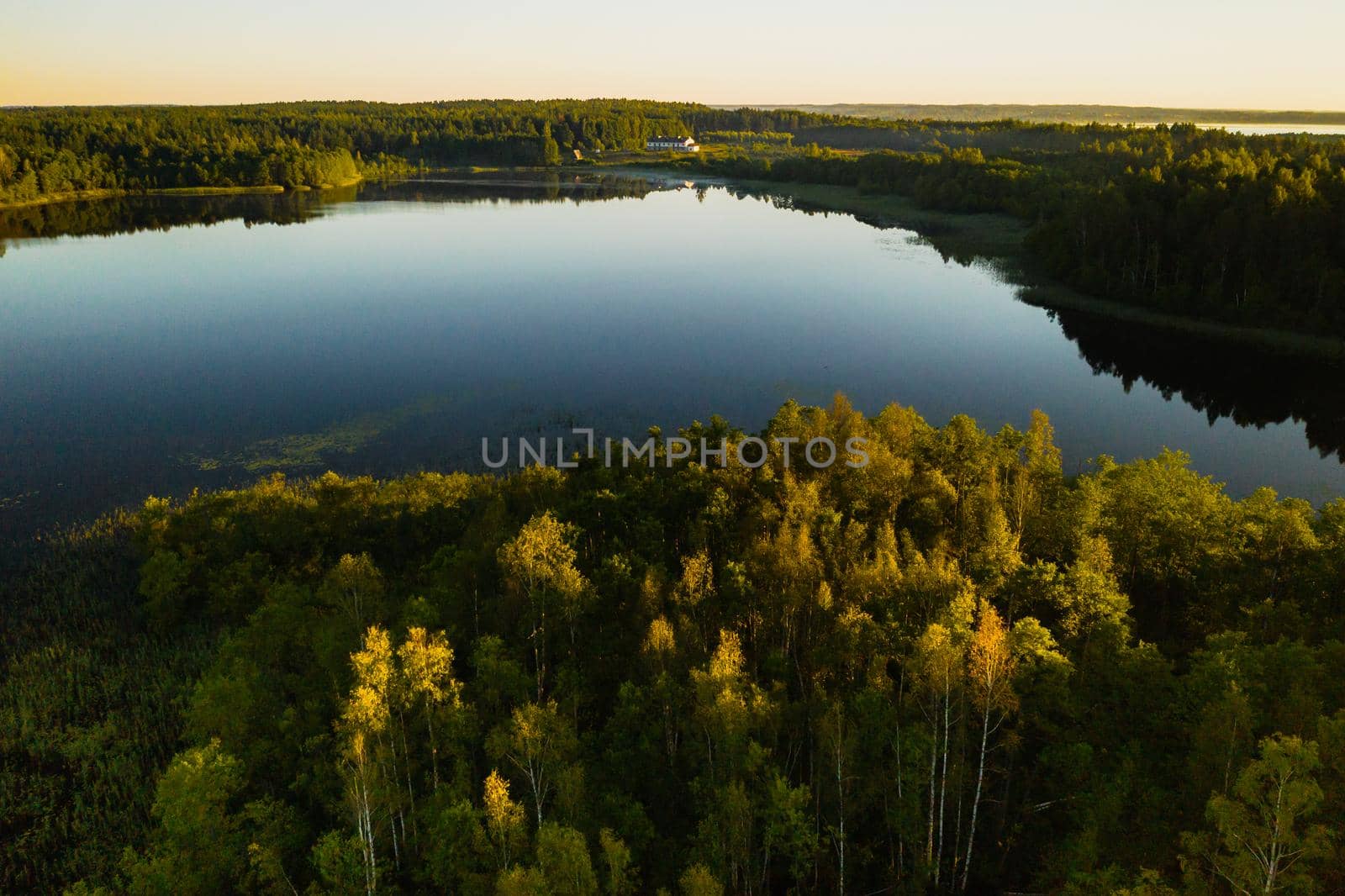 Top view of the lake Bolta in the forest in the Braslav lakes National Park, the most beautiful places in Belarus.An island in the lake.Belarus. by Lobachad