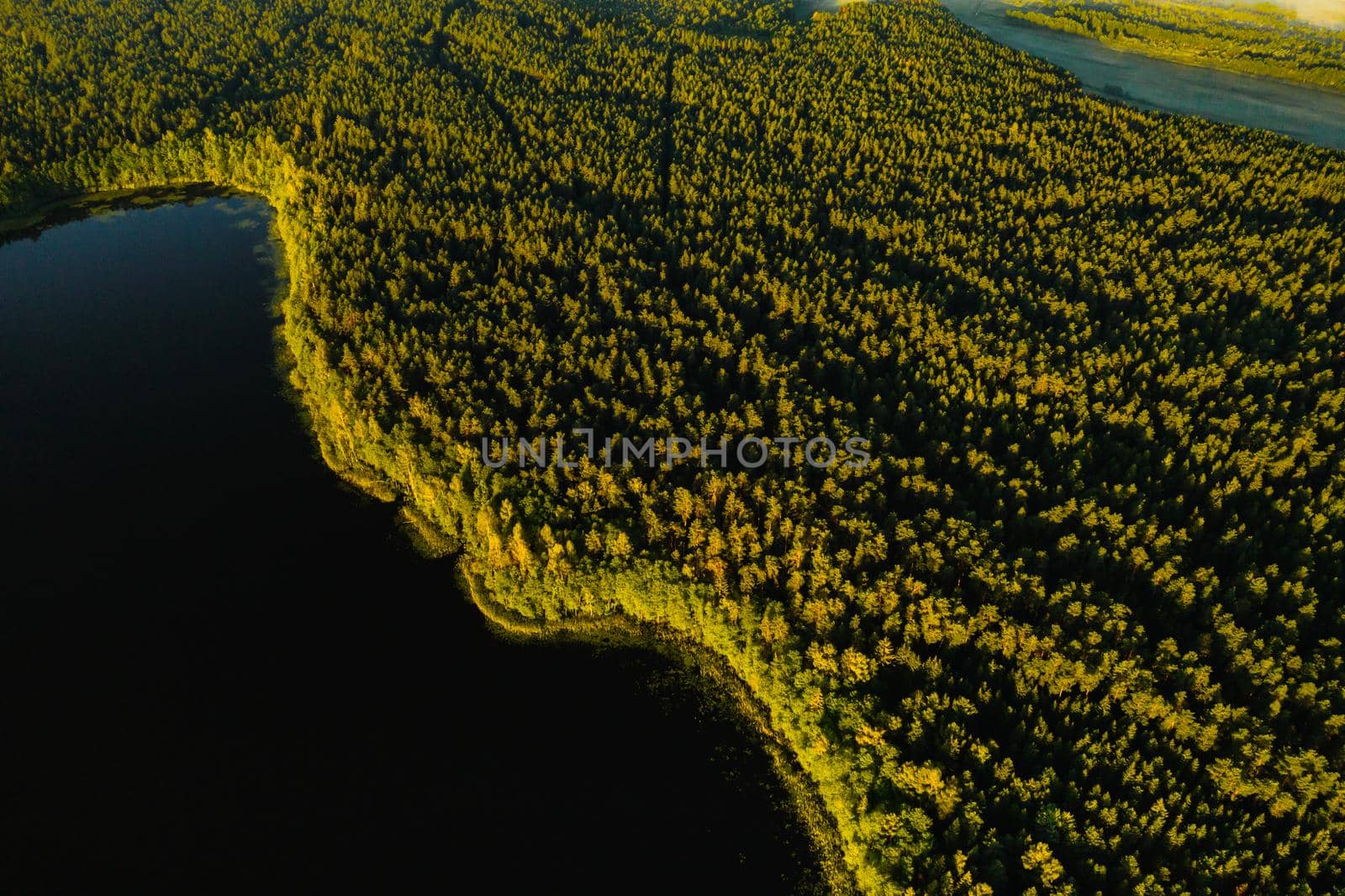 Top view of the lake Bolta in the forest in the Braslav lakes National Park, the most beautiful places in Belarus.An island in the lake.Belarus