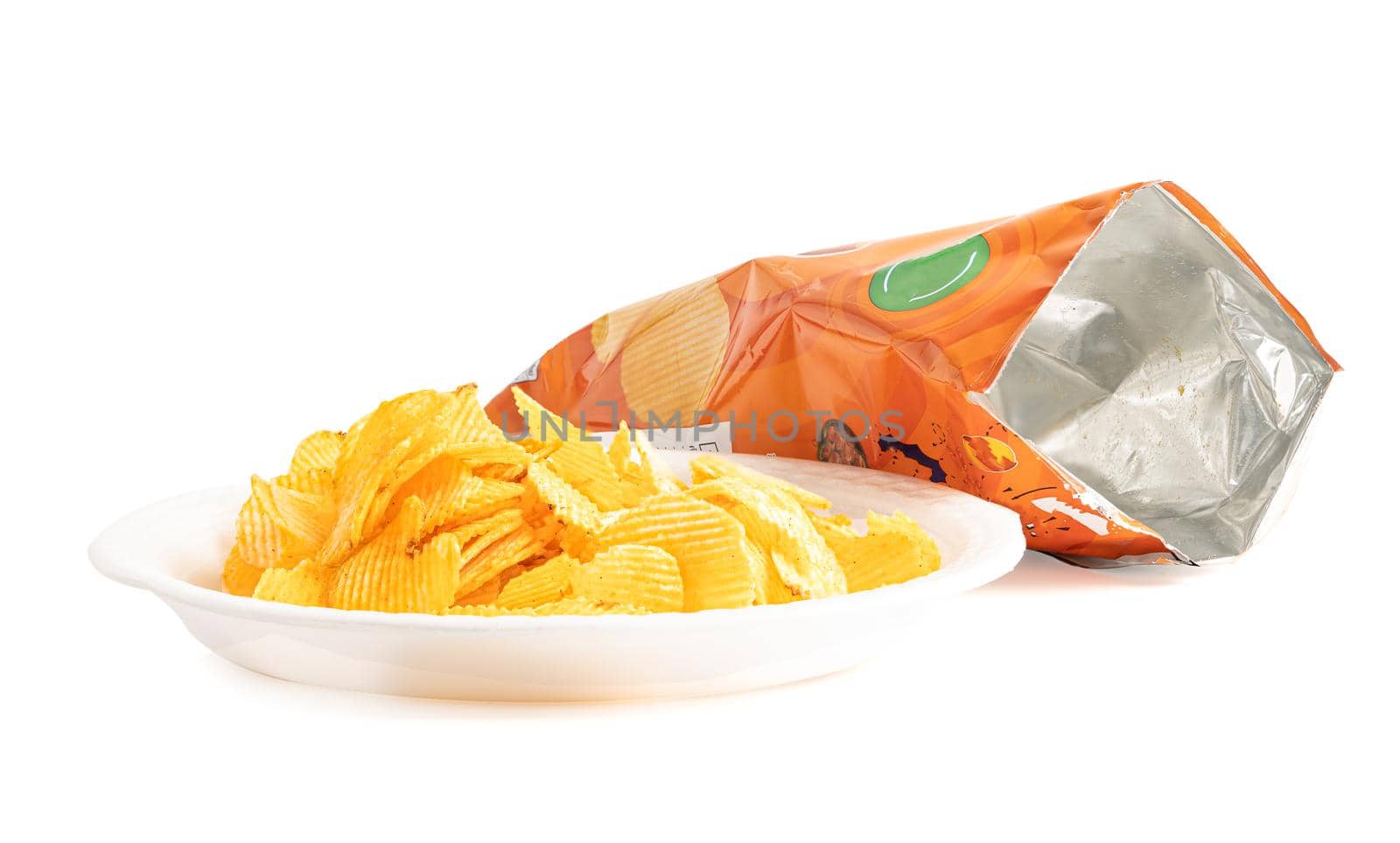 Potato chips, delicious BBQ seasoning spicy for crips, thin slice deep fried snack fast food with open bag. by pamai