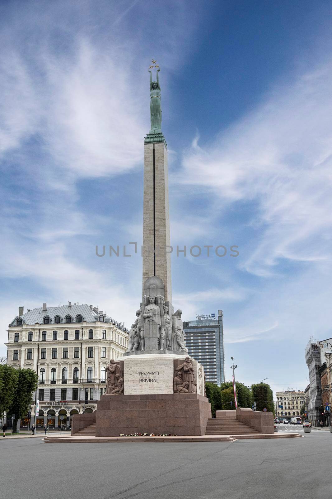 Riga, Latvia. August 2021.  A view of he Freedom Monument in the city center
