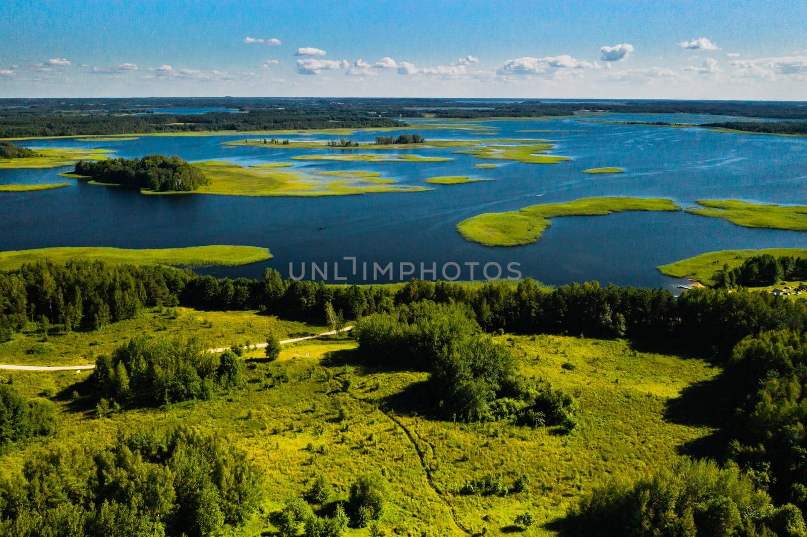 Top view of the Snudy and Strusto lakes in the Braslav lakes National Park, the most beautiful lakes in Belarus.Belarus by Lobachad