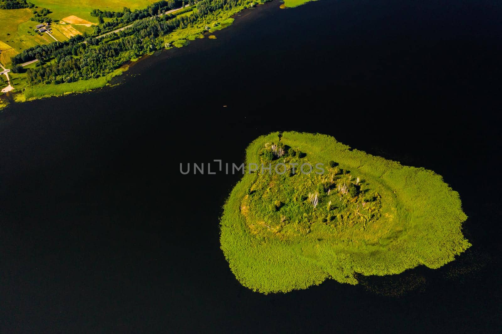 Top view of lake Drivyaty in the Braslav lakes National Park, the most beautiful lakes in Belarus.An island in the lake.Belarus