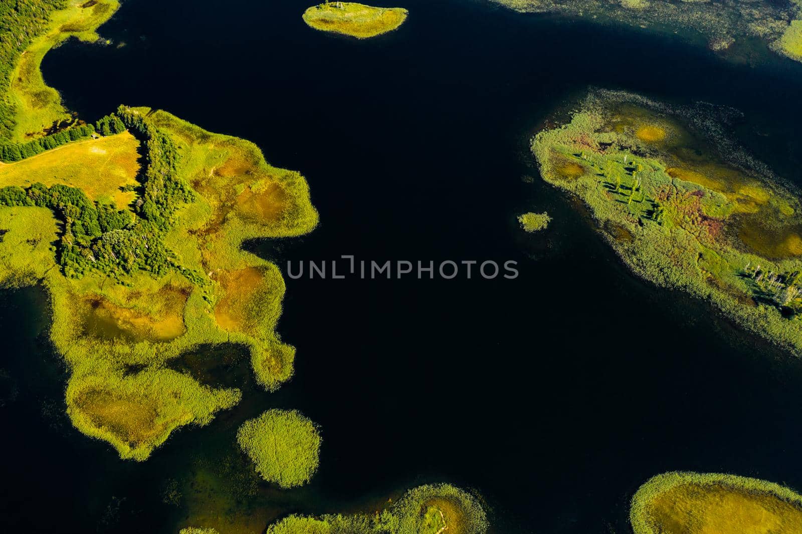 Top view of the Snudy and Strusto lakes in the Braslav lakes National Park, the most beautiful lakes in Belarus.Belarus.