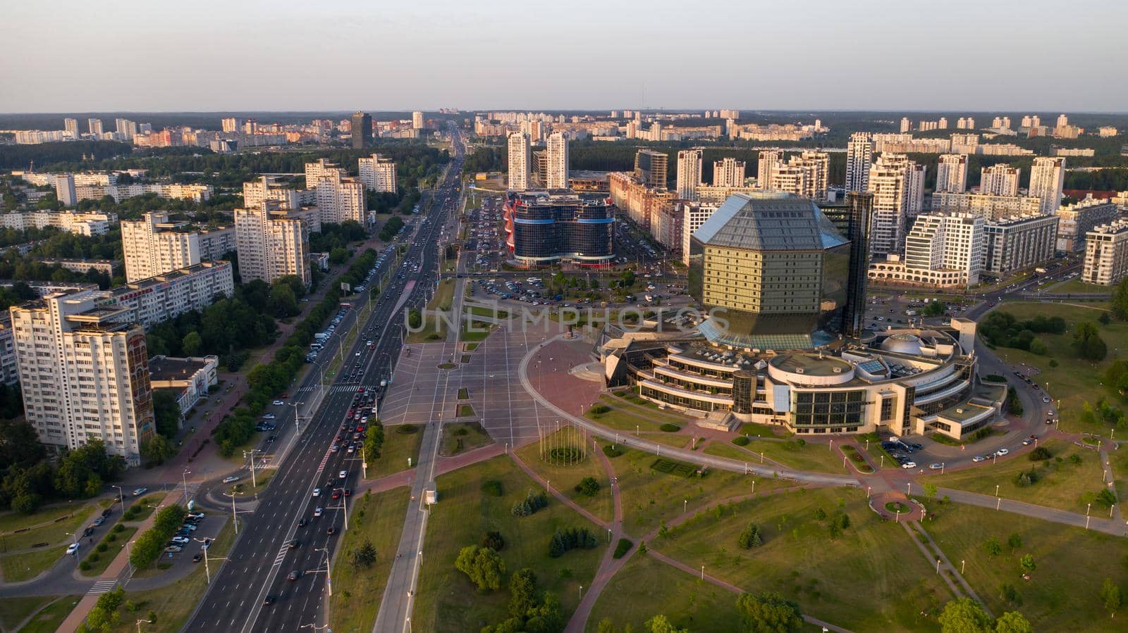 View from the roof of the National Library in Minsk at sunset. Belarus, public building by Lobachad