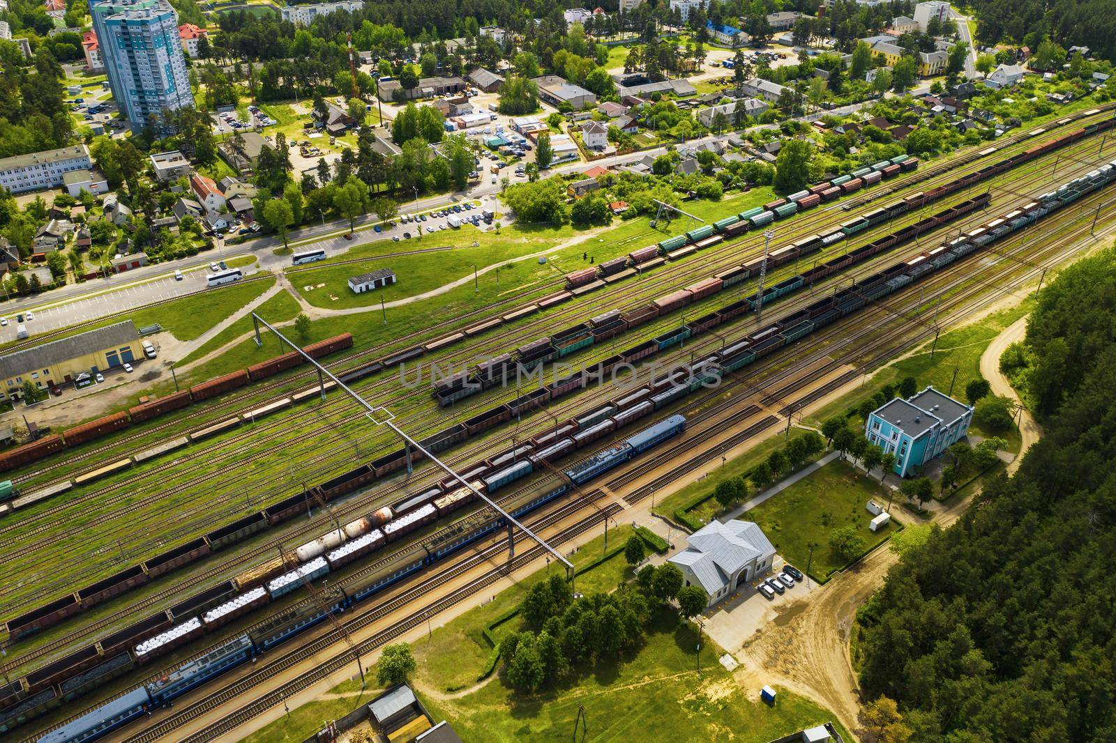 aerial photography of railway tracks and cars.Top view of cars and Railways.Minsk.Belarus by Lobachad